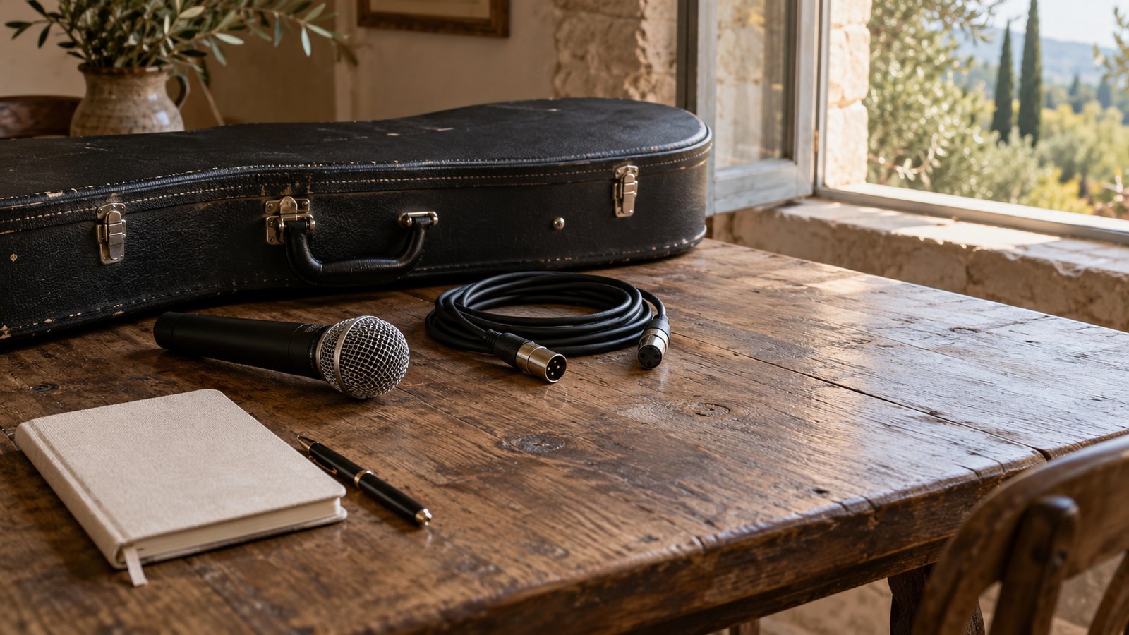 Microphone, coiled cable and notebook on a planning table beside a closed guitar case.