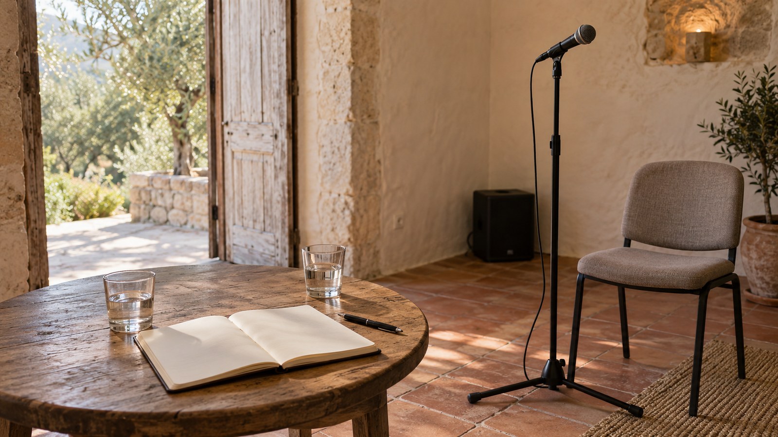 Blank planning notebook and two water glasses on a small table beside an empty rehearsal microphone.