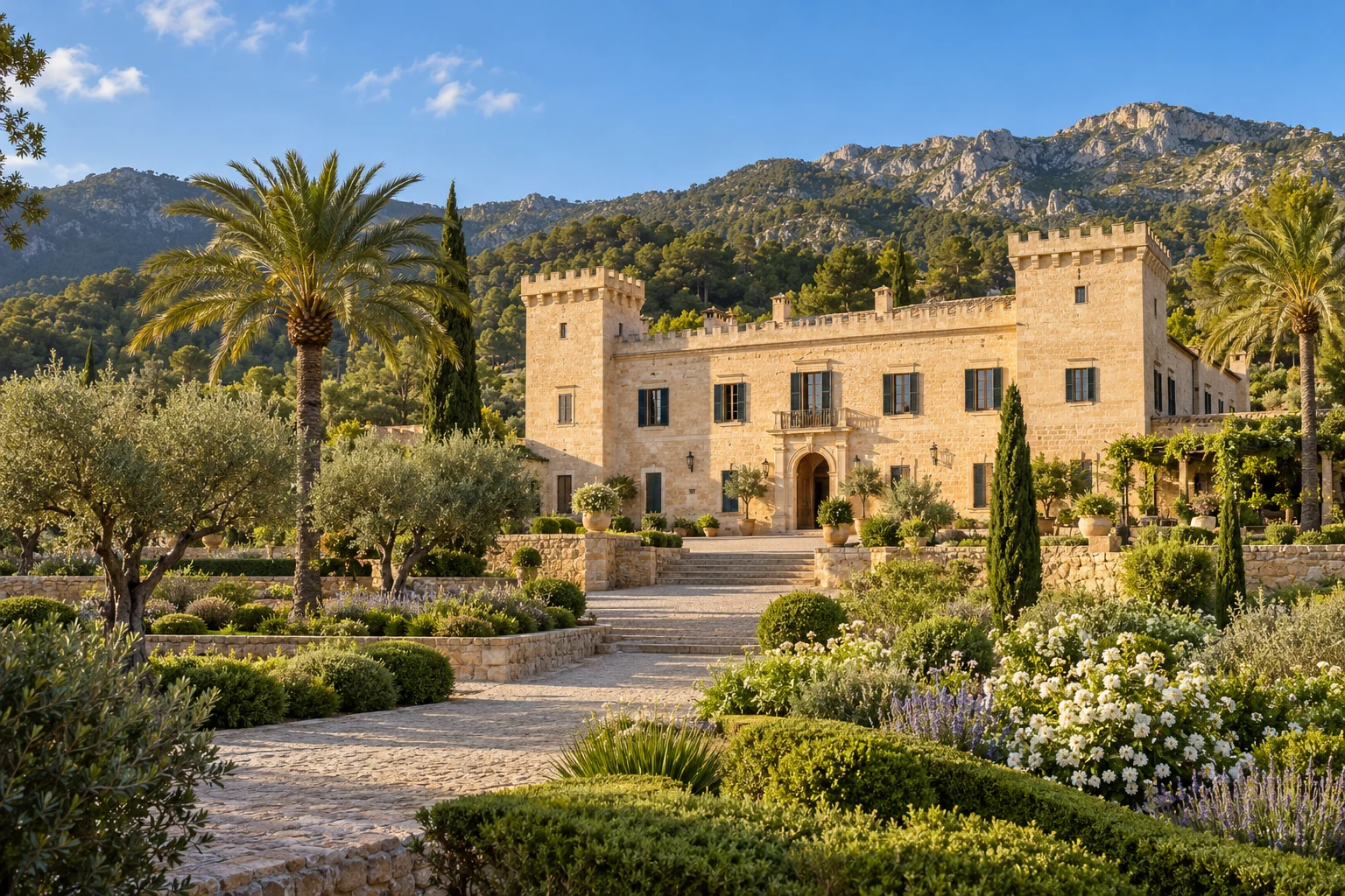 AI-generated architectural illustration inspired by Castell Son Claret, Mallorca