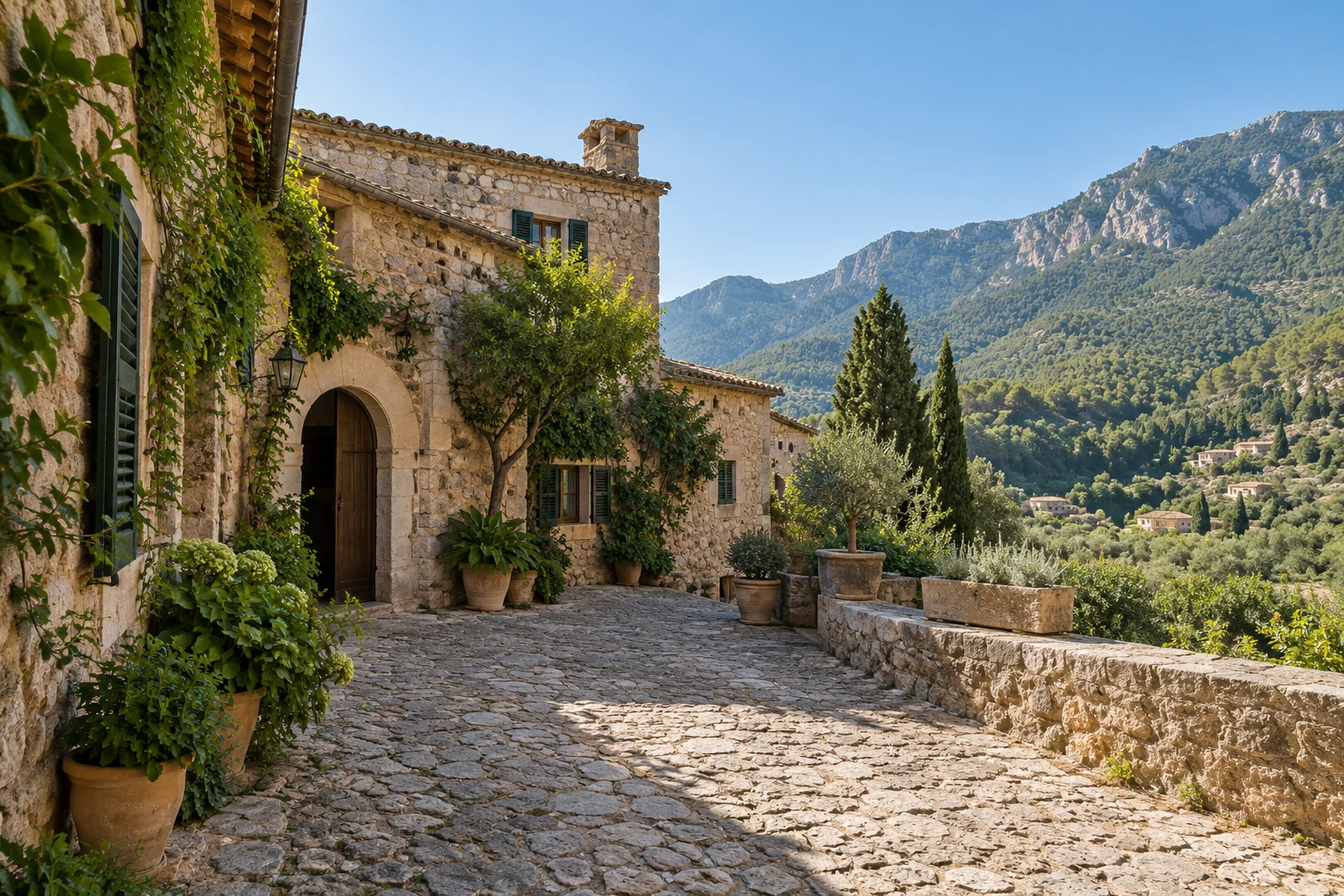 AI-generated architectural illustration inspired by Finca Comassema, Mallorca