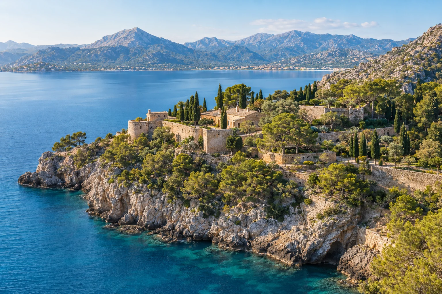 AI-generated architectural illustration inspired by La Fortaleza, Mallorca