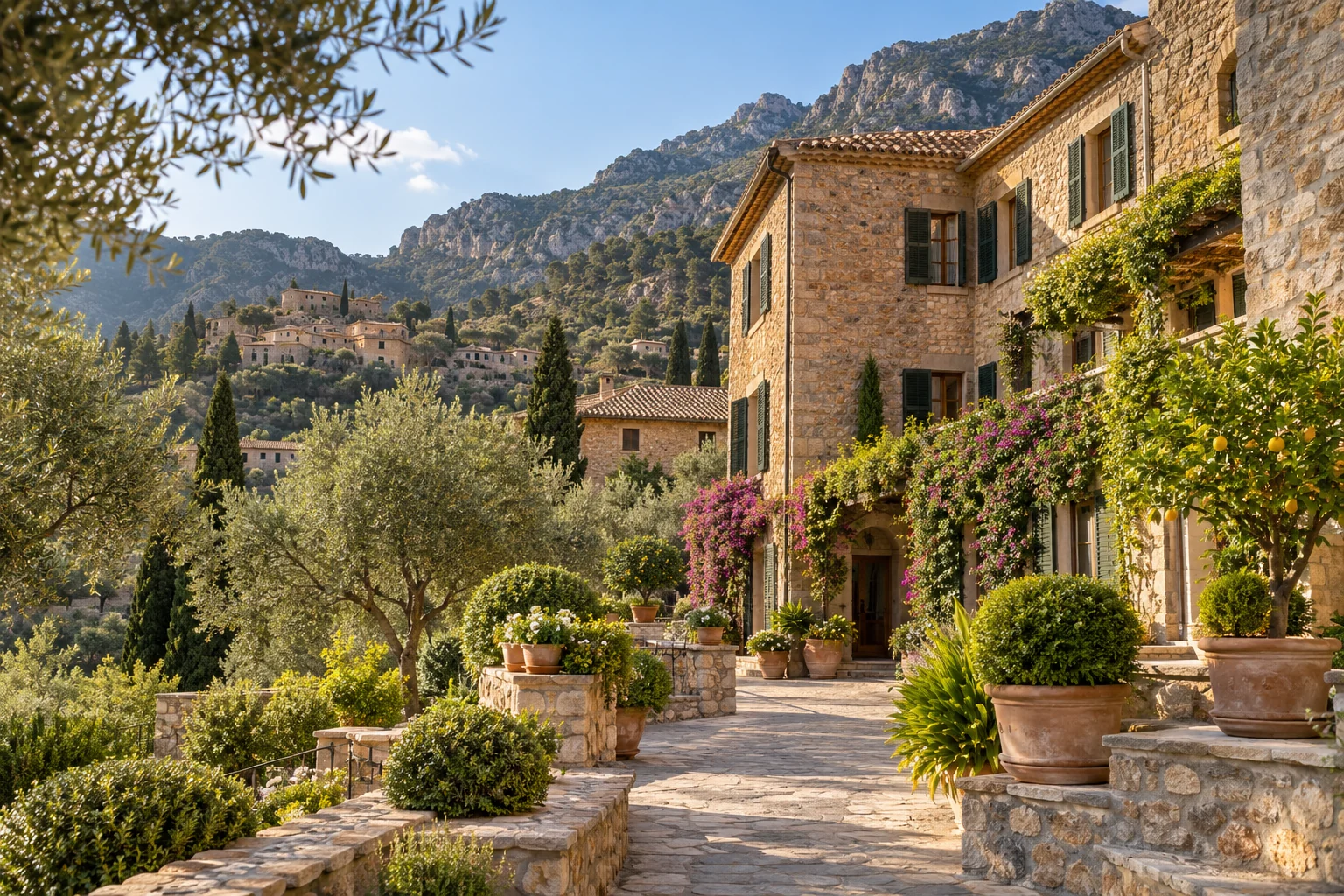 AI-generated architectural illustration inspired by La Residencia, A Belmond Hotel, Mallorca, Mallorca