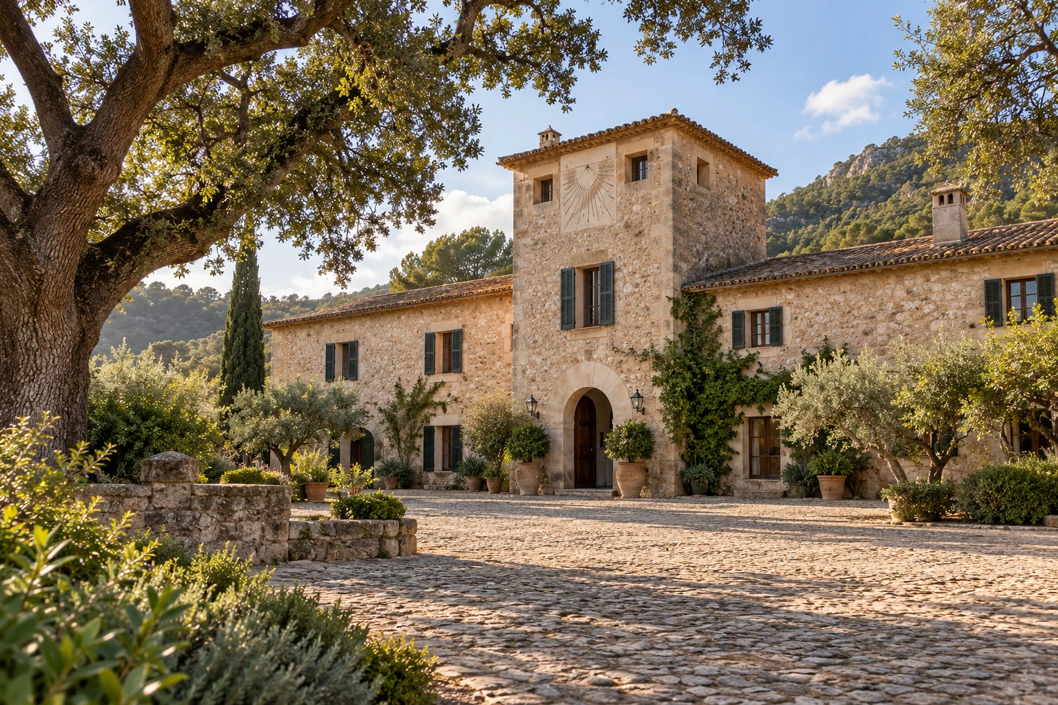 AI-generated architectural illustration inspired by Finca Son Togores, Mallorca