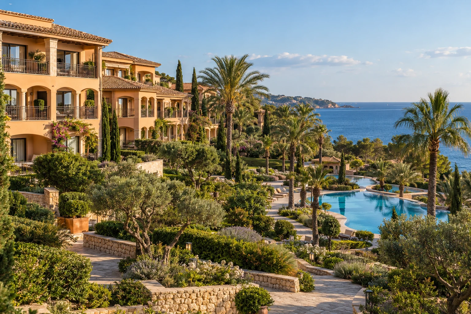 AI-generated architectural illustration inspired by The St. Regis Mardavall Mallorca Resort, Mallorca