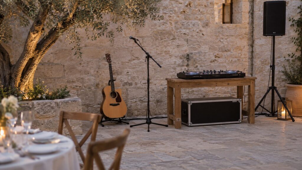 Acoustic guitar, microphone and compact DJ equipment in a Mediterranean courtyard.