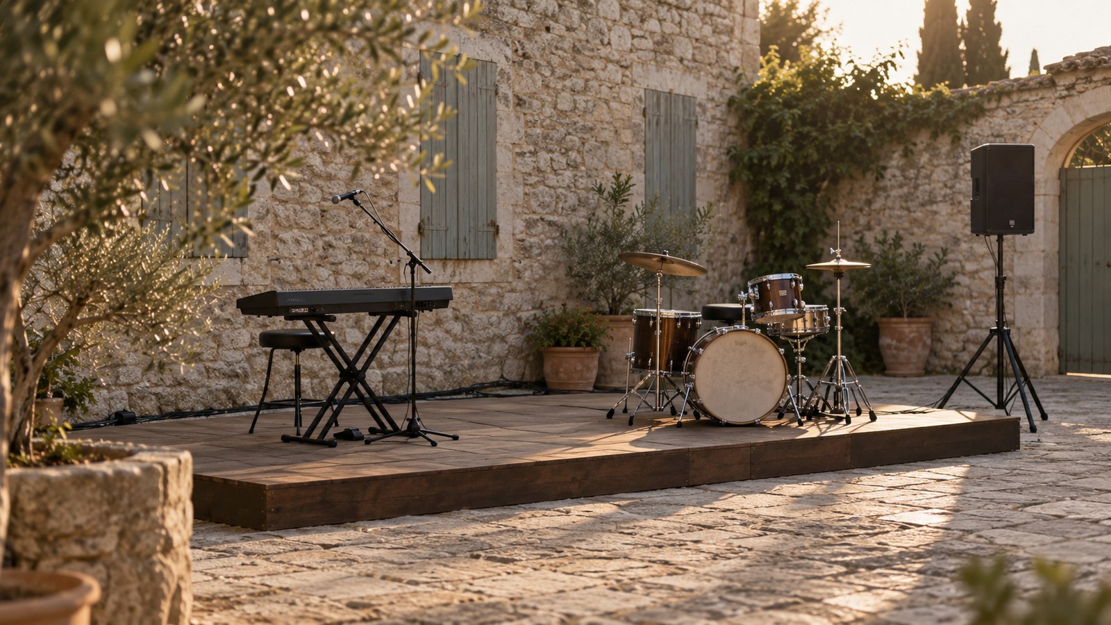 Equipo compacto de grupo en directo sin músicos, con teclado, batería y altavoz en un patio mediterráneo.