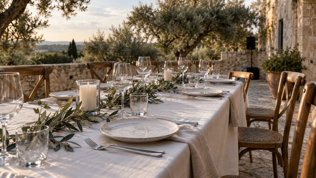 Simple wedding meal setting with white linen and olive sprigs on a limestone terrace.