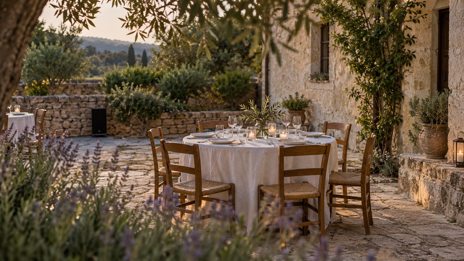 Blick über einen mediterranen Garten auf einen festlich gedeckten Tisch für ein kleines Hochzeitsessen im Freien am frühen Abend.