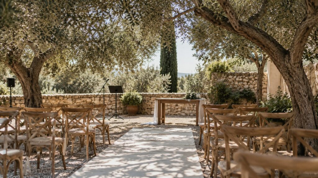 Empty outdoor ceremony seating beneath olive trees with a discreet microphone and music stand.