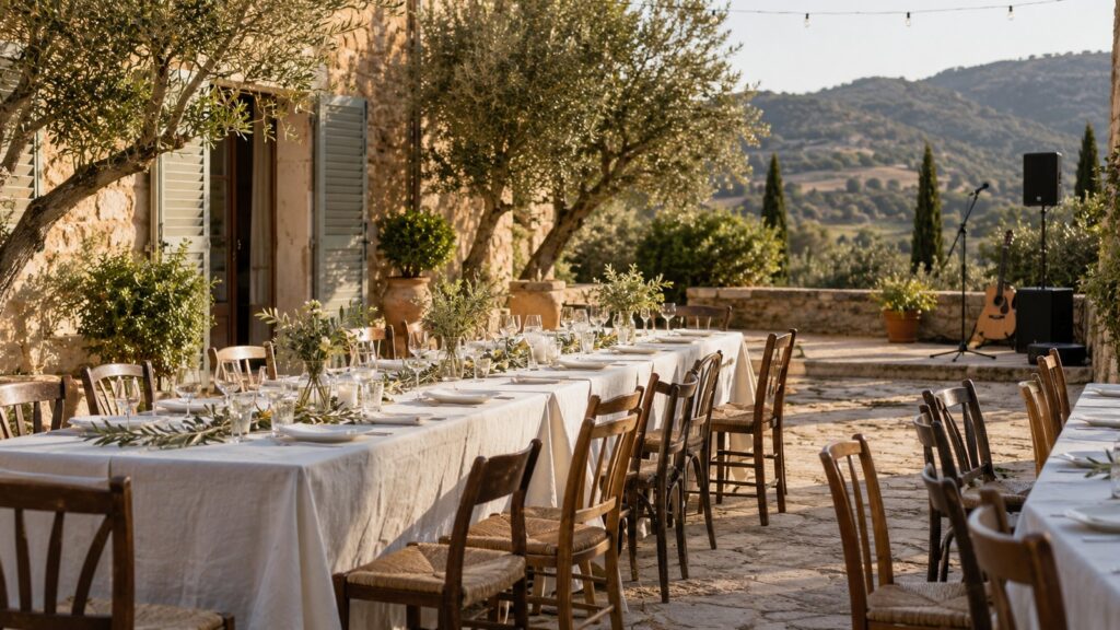 Mediterranean terrace with wedding dinner tables and an empty music corner.
