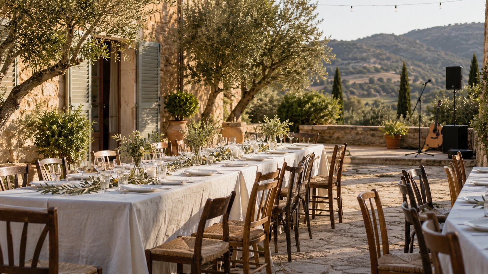 Mediterranean terrace with wedding dinner tables and an empty music corner.